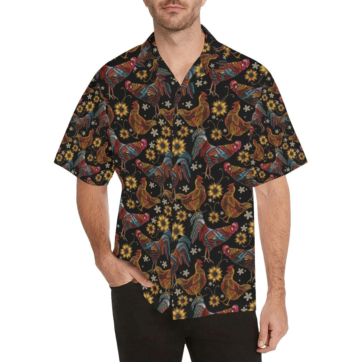 Chicken Embroidery Style Design Hawaiian Shirt