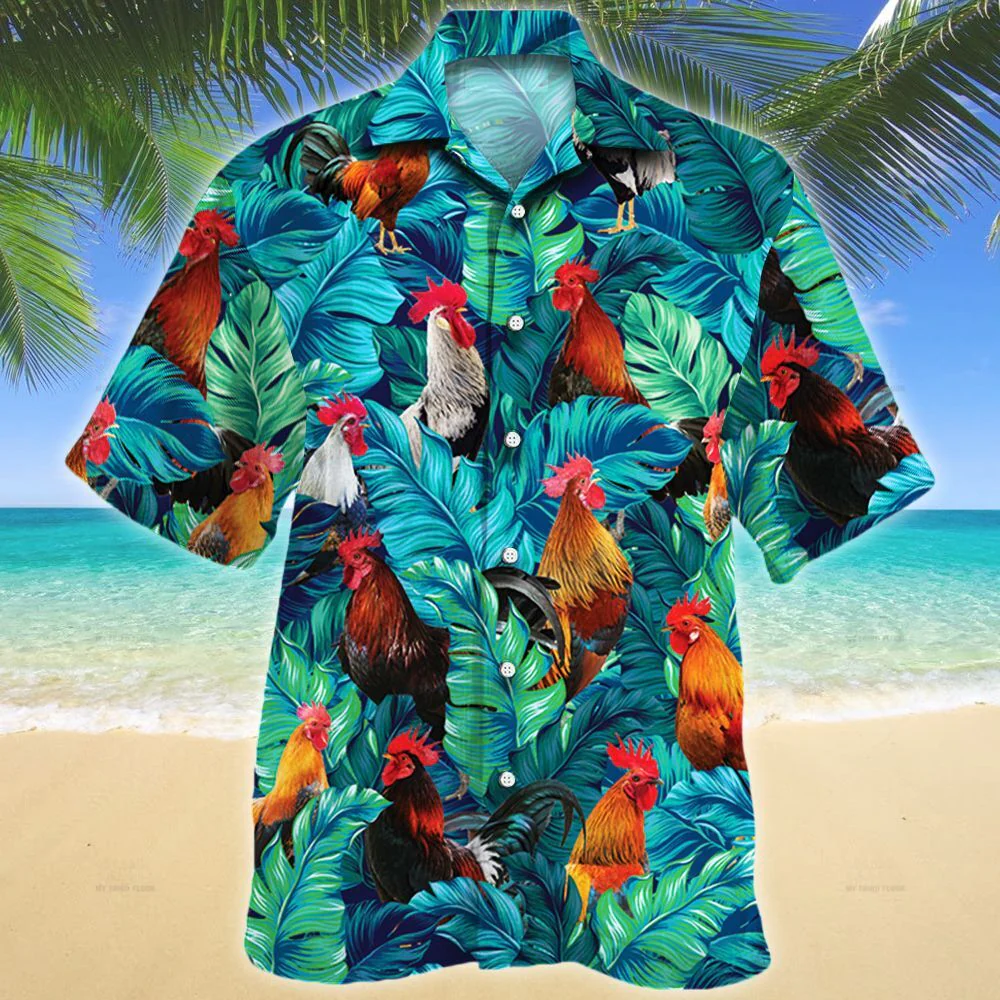 Chicken Hawaiian Shirt Showcasing Leaf Design Poultry Fashion