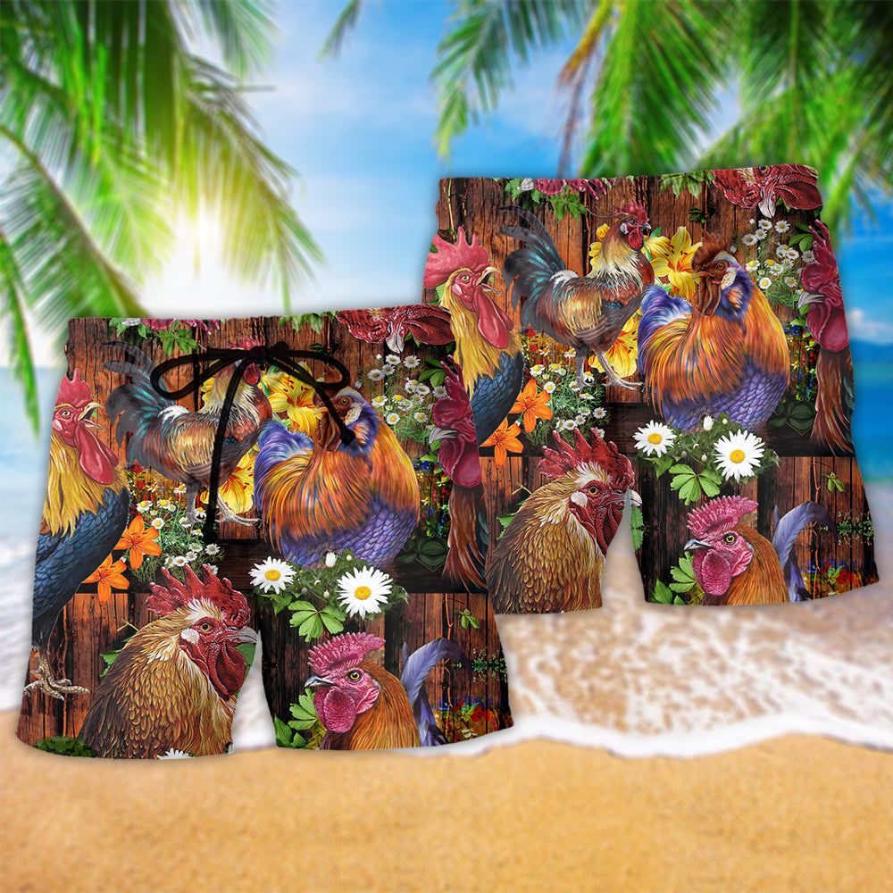 Chicken Rise A Shine Rooster Floral Trendy Aloha Hawaiian Beach Shorts