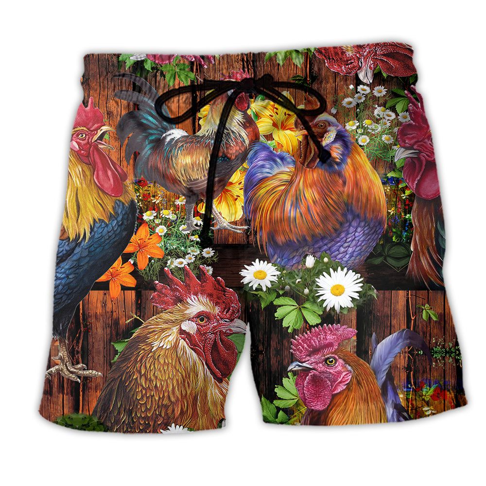 Chicken Rise A Shine Rooster Floral Trendy Aloha Hawaiian Beach Shorts