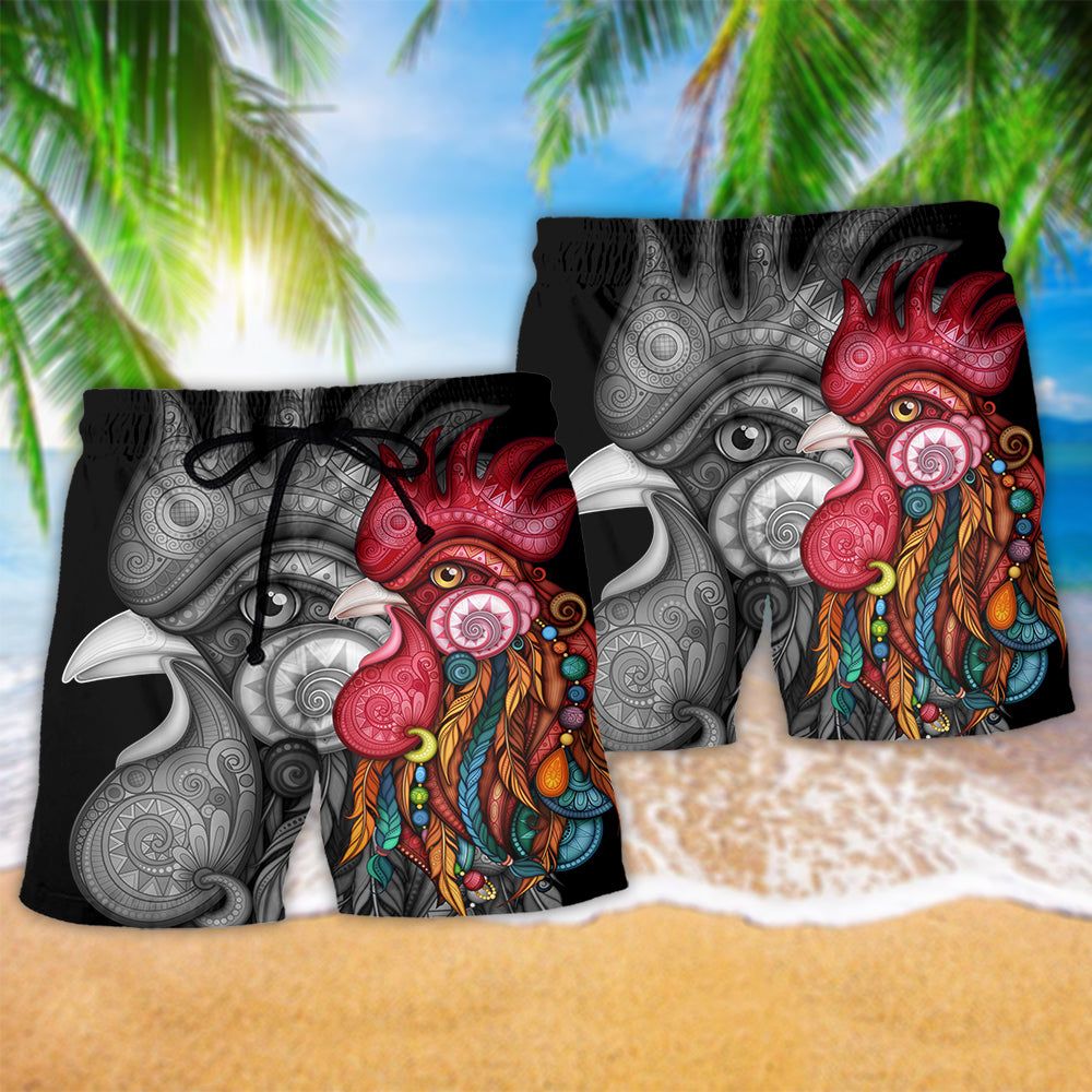 Chicken Rooster Black And Color Style Trendy Aloha Hawaiian Beach Shorts