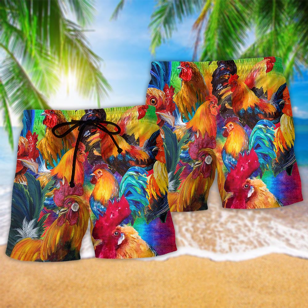 Chicken Rooster In Farm Trendy Aloha Hawaiian Beach Shorts