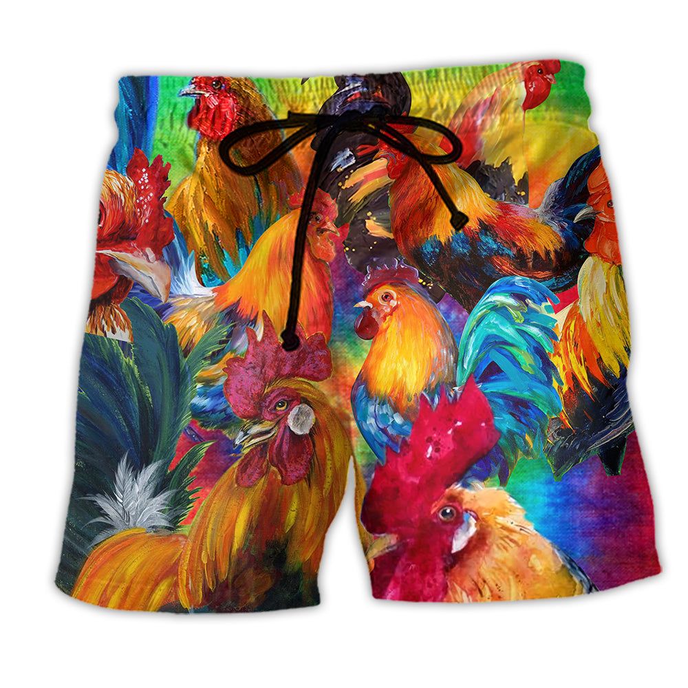 Chicken Rooster In Farm Trendy Aloha Hawaiian Beach Shorts