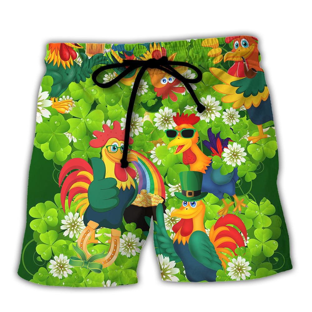 Chicken Roosters Bring Luck Shamrock Trendy Aloha Hawaiian Beach Shorts