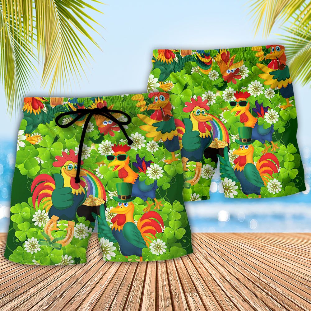 Chicken Roosters Bring Luck Shamrock Trendy Aloha Hawaiian Beach Shorts