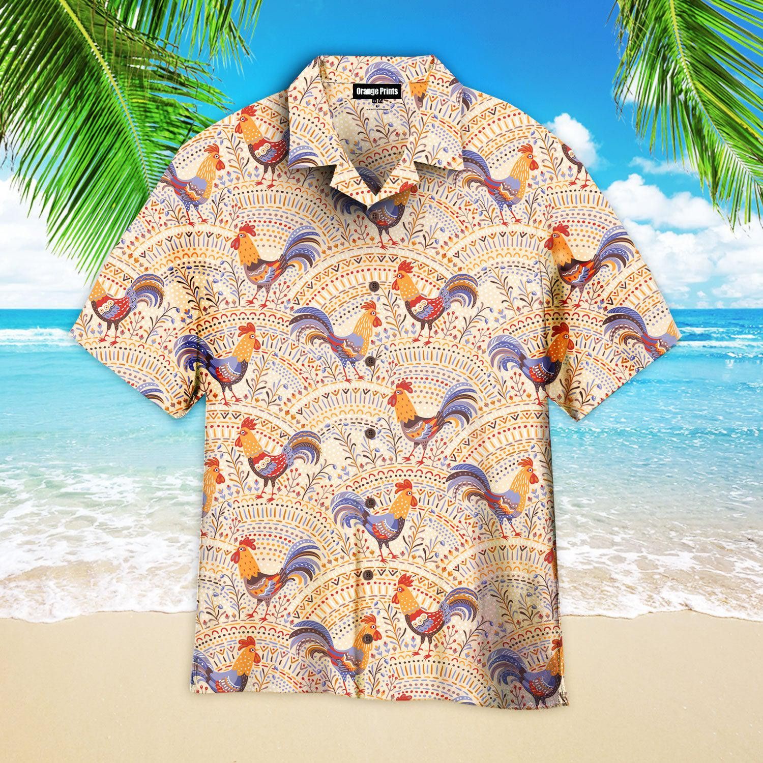 Chicken Roosters In Floral Ornament On A Beige Native Pattern Hawaiian Shirt For
