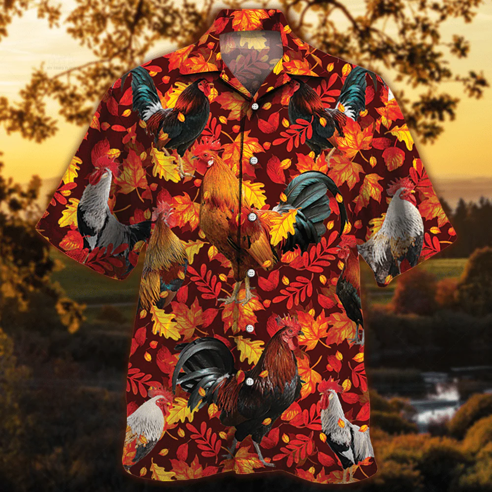 Chicken Surrounded By Red Leaves Unique Hawaiian Shirt