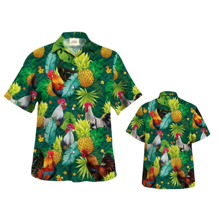 Chicken Trendy Hawaiian Shirt, Rooster Trendy Hawaiian Shirt, Chicken Tropical Pineapple Trendy Hawaiian Shirts