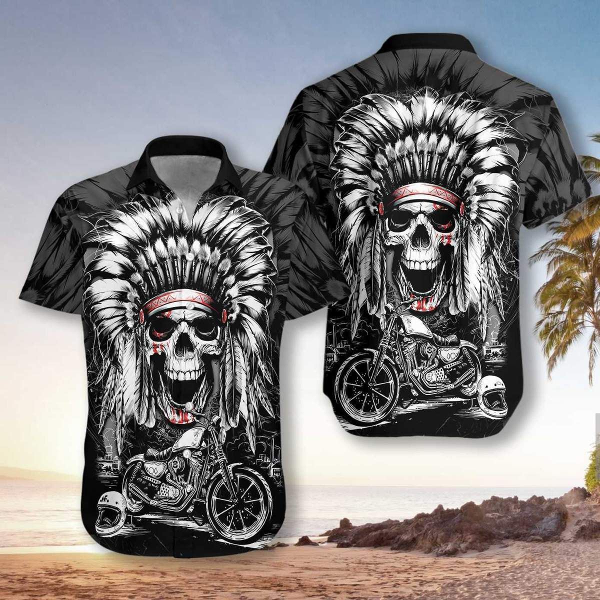 Chief Skull Motorcycle Unisex Trendy Hawaiian Shirt For Men & Women, Skull Flower Hawaiian Aloha Shirt