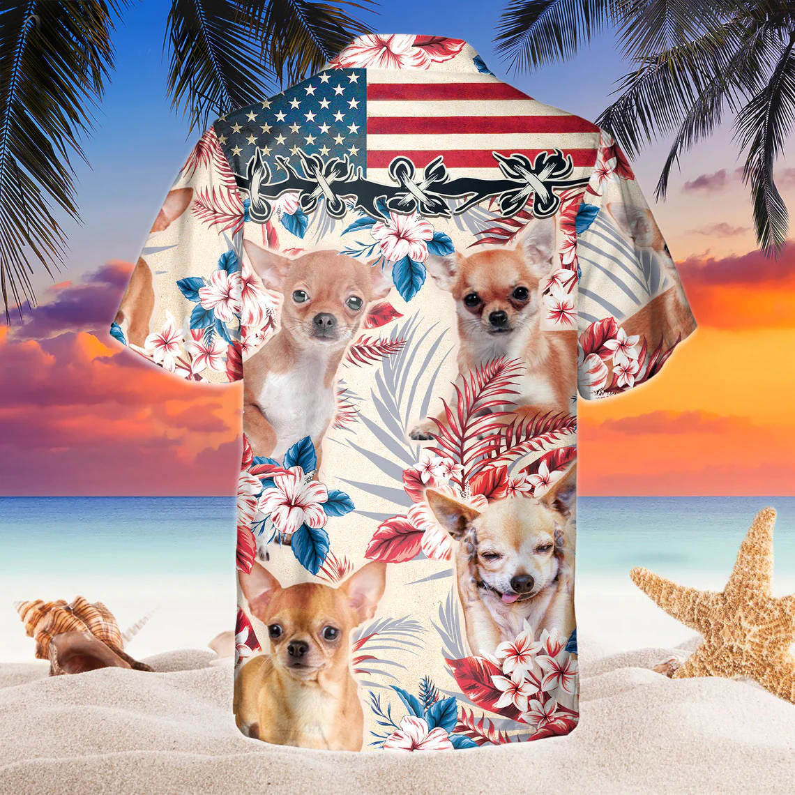Chihuahua Dog United States Flag Hawaiian Flowers All Over Printed 3D Hawaiian Shirt