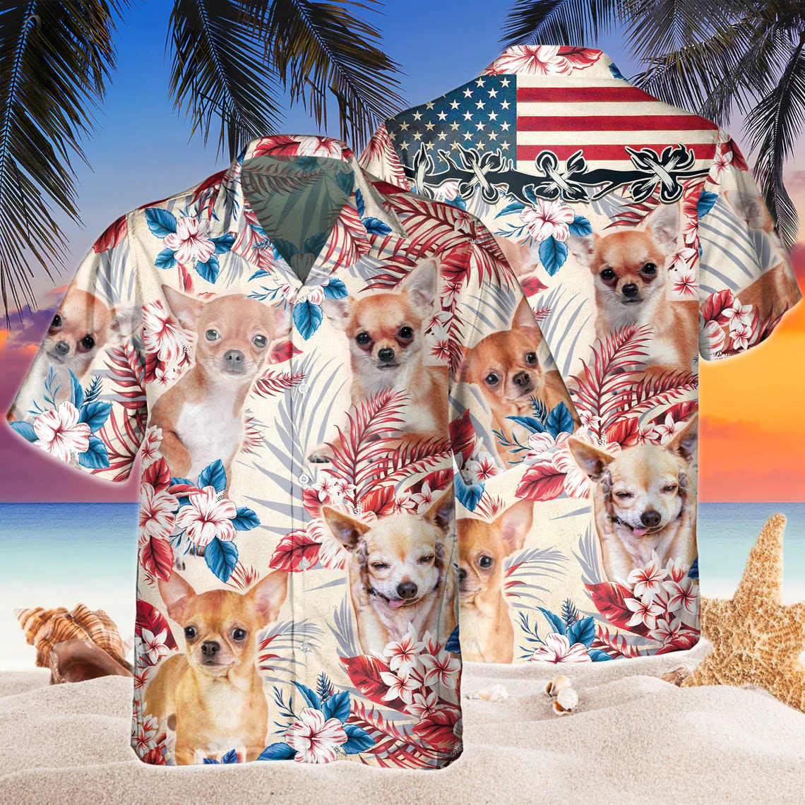 Chihuahua Dog United States Flag Hawaiian Flowers All Over Printed 3D Hawaiian Shirt Chihuahua Dog United States Flag Hawaiian Flowers All Over Printed 3D Hawaiian Shirt