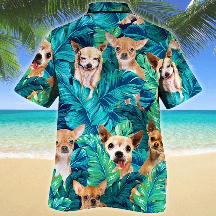 Chihuahua Tropical Hawaii Shirt For Dog Lovers, Hiding Chihuahua Dog In Tropical Palm Leaves Pattern Trendy Hawaiian Shirt