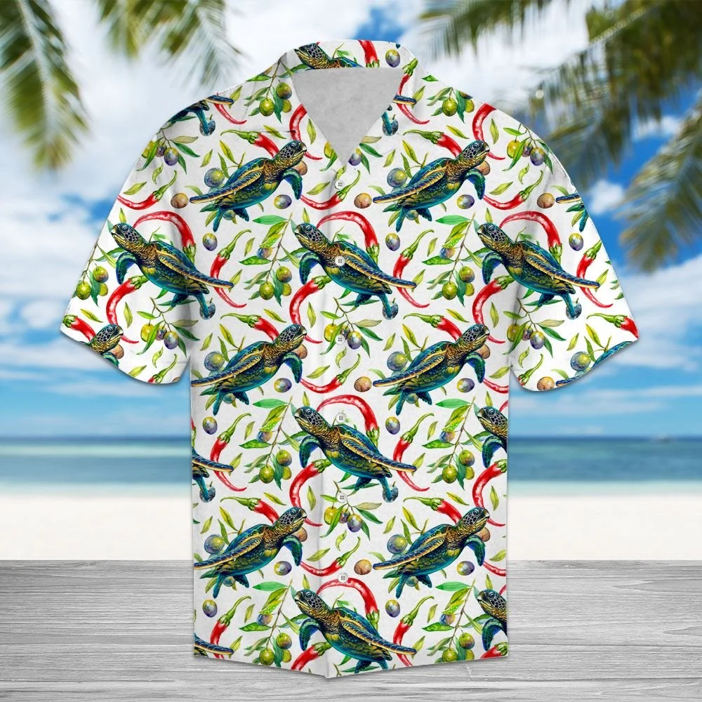 Chili Peppers And Turtle Trendy Hawaiian Shirt, Turtle Lover Trendy Hawaiian Shirt For