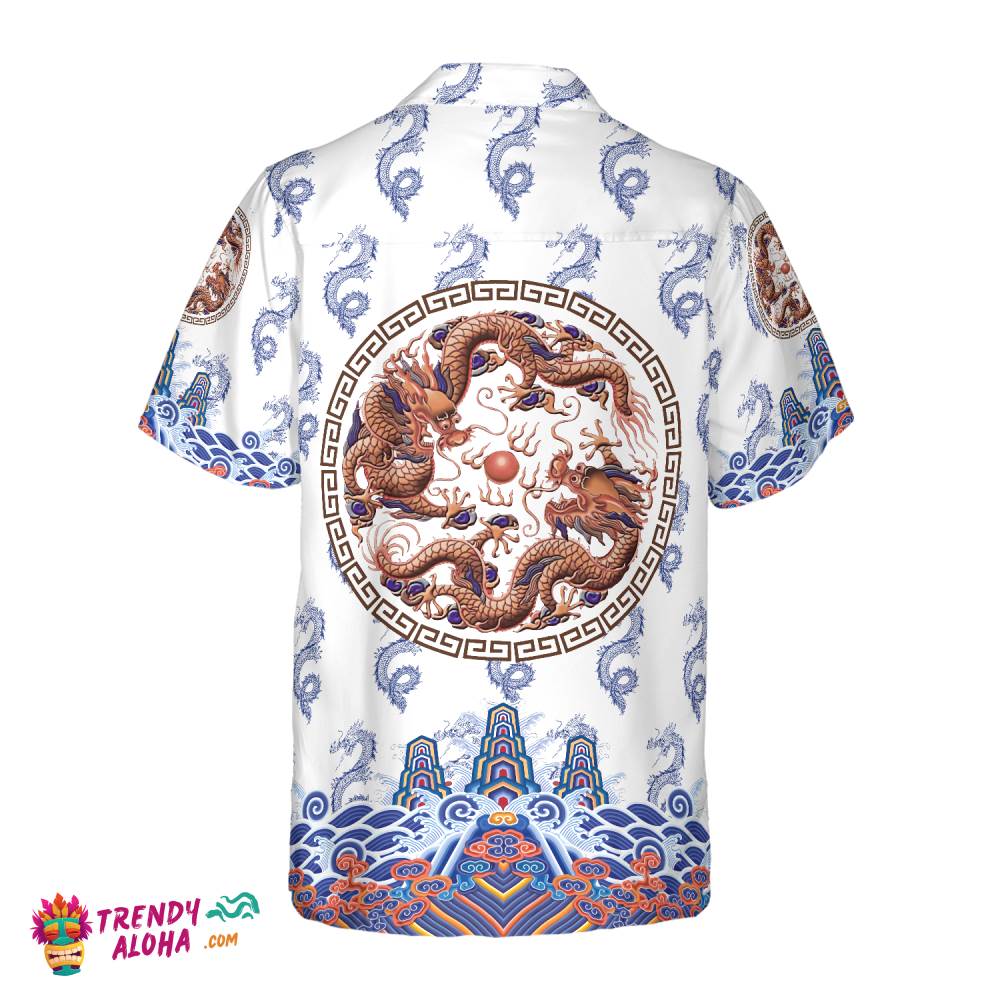 Chinoiserie Dragon White Hawaiian Shirt