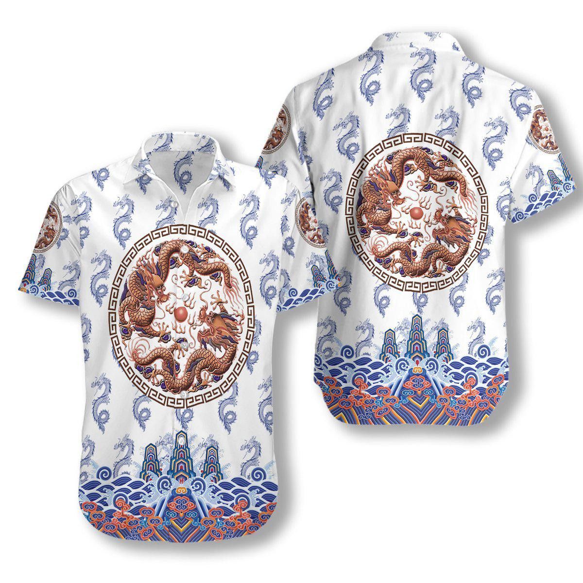 Chinoiserie Dragon White Trendy Hawaiian Shirt