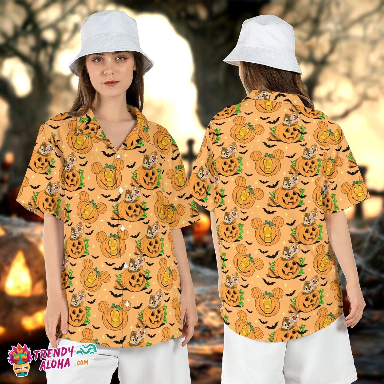 Chip Dale Spooky Pumpkin Halloween Mickey Hawaiian Aloha Shirt