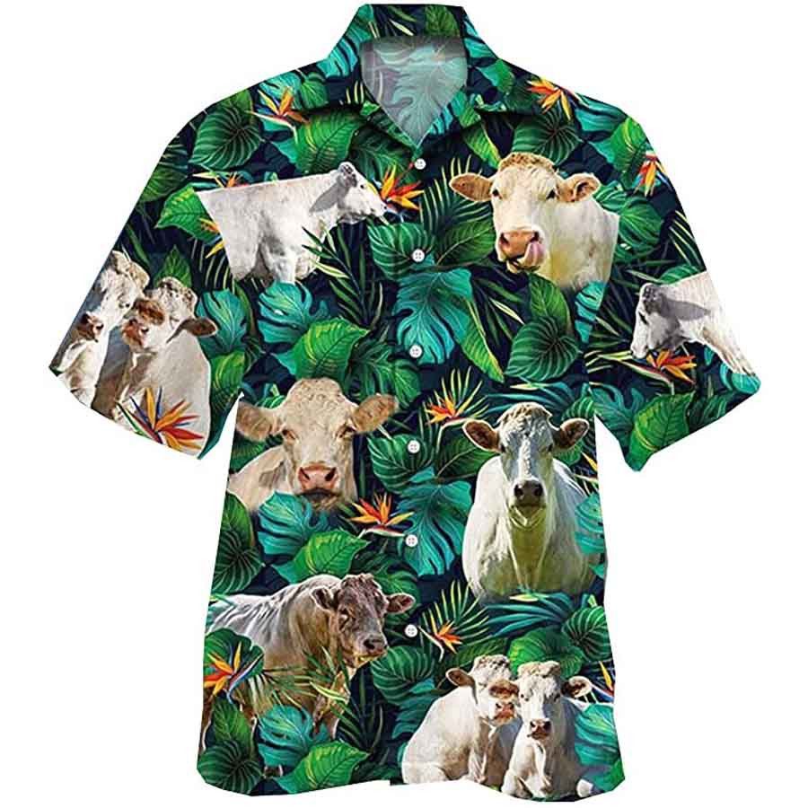 Chorolais Cow Tropical Hawaiian Button Up Shirt, Cows Lovers Trendy Hawaiian Shirt For Men, Women Chorolais Cow Tropical Hawaiian Button Up Shirt, Cows Lovers Trendy Hawaiian Shirt For Men, Women
