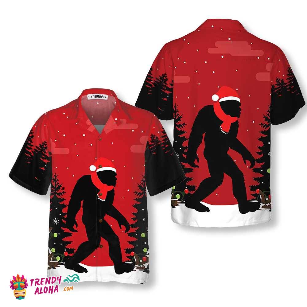 Christmas Bigfoot In The Forest Hawaiian Shirt, Funny Christmas Bigfoot Shirt For Men Christmas Bigfoot In The Forest Hawaiian Shirt, Funny Christmas Bigfoot Shirt For Men