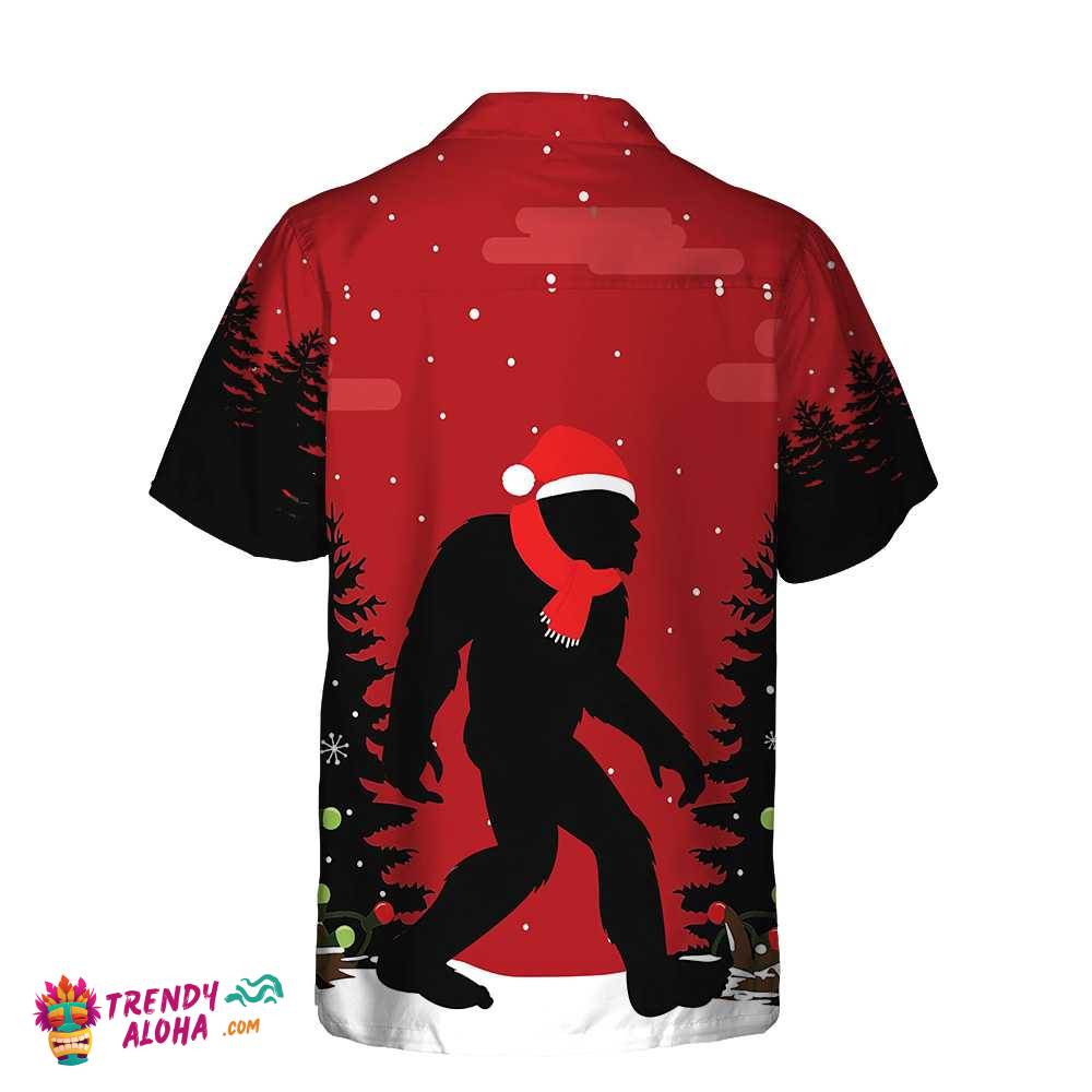 Christmas Bigfoot In The Forest Hawaiian Shirt, Funny Christmas Bigfoot Shirt For Men