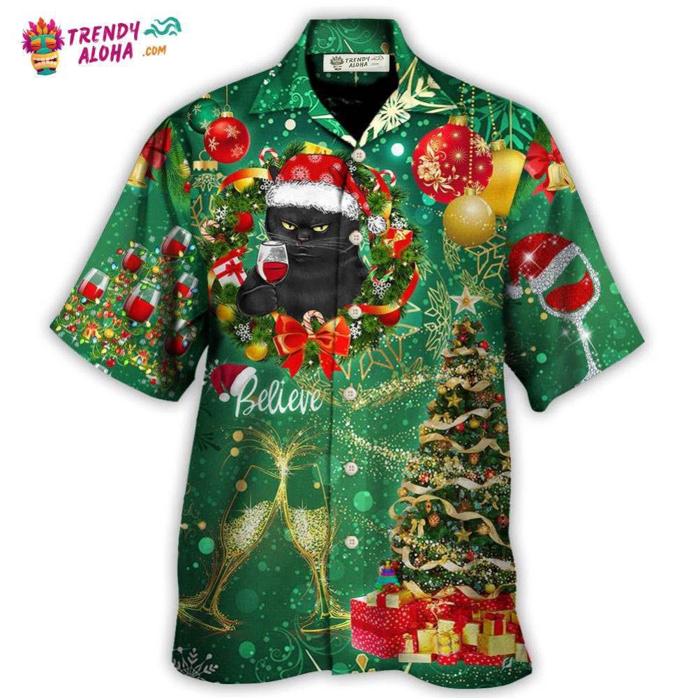 Christmas Black Cat Drinking Happy Christmas Tree Green Light Hawaiian Shirt – Trendy Aloha