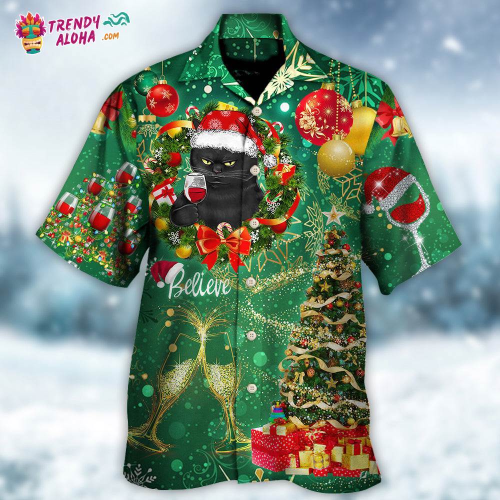 Christmas Black Cat Drinking Happy Christmas Tree Green Light Hawaiian Shirt – Trendy Aloha