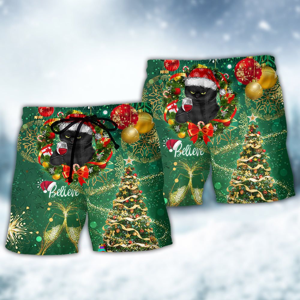 Christmas Black Cat Drinking Happy Christmas Tree Green Light Trendy Aloha Hawaiian Beach Shorts
