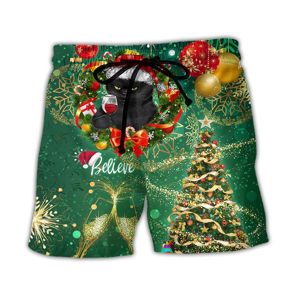 Christmas Black Cat Drinking Happy Christmas Tree Green Light Trendy Aloha Hawaiian Beach Shorts Christmas Black Cat Drinking Happy Christmas Tree Green Light Trendy Aloha Hawaiian Beach Shorts