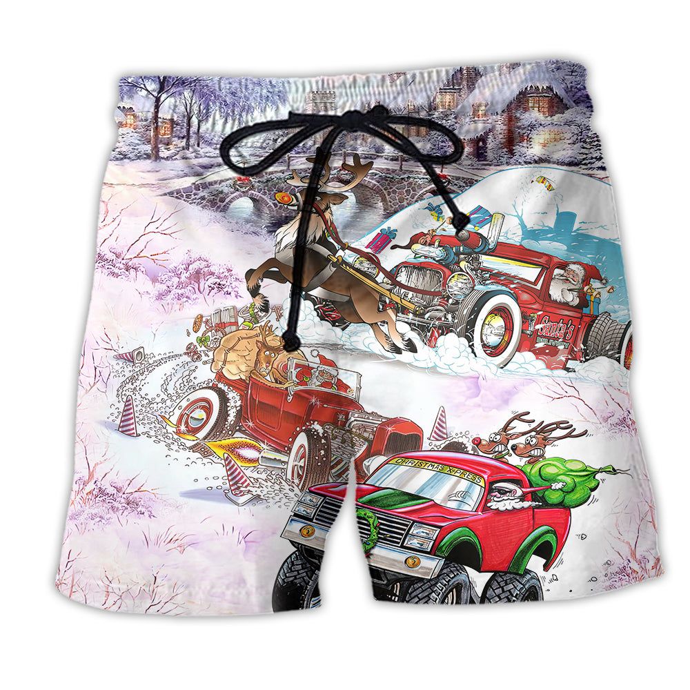 Christmas Car Run Xmas Hohoho Trendy Aloha Hawaiian Beach Shorts Christmas Car Run Xmas Hohoho Trendy Aloha Hawaiian Beach Shorts