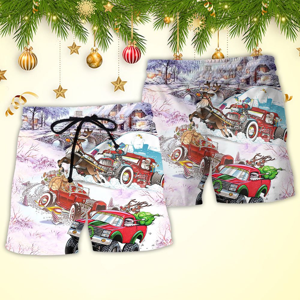 Christmas Car Run Xmas Hohoho Trendy Aloha Hawaiian Beach Shorts