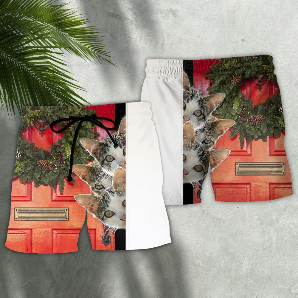 Christmas Cat Looking Forward To Christmas Trendy Aloha Hawaiian Beach Shorts