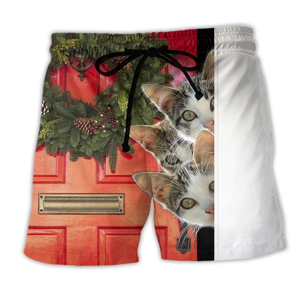 Christmas Cat Looking Forward To Christmas Trendy Aloha Hawaiian Beach Shorts