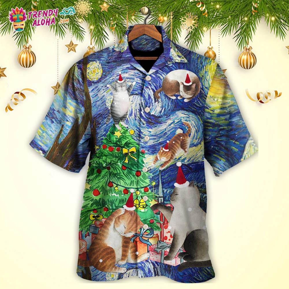 Christmas Cat Playing In Starry Night Hawaiian Shirt – Trendy Aloha