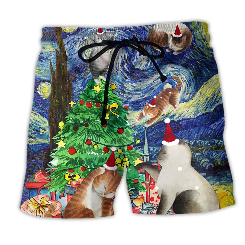 Christmas Cat Playing In Starry Night Trendy Aloha Hawaiian Beach Shorts