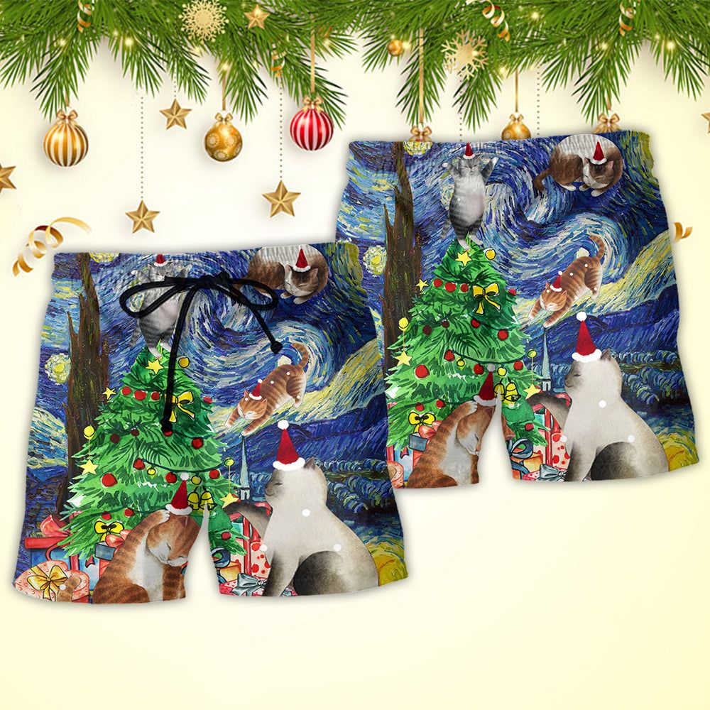 Christmas Cat Playing In Starry Night Trendy Aloha Hawaiian Beach Shorts
