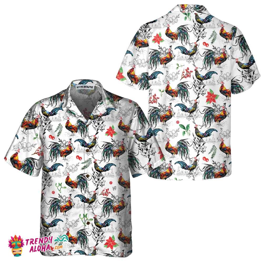 Christmas Chicken With Poinsettia Flower Hawaiian Shirt, Tropical Christmas Shirt For Men Christmas Chicken With Poinsettia Flower Hawaiian Shirt, Tropical Christmas Shirt For Men