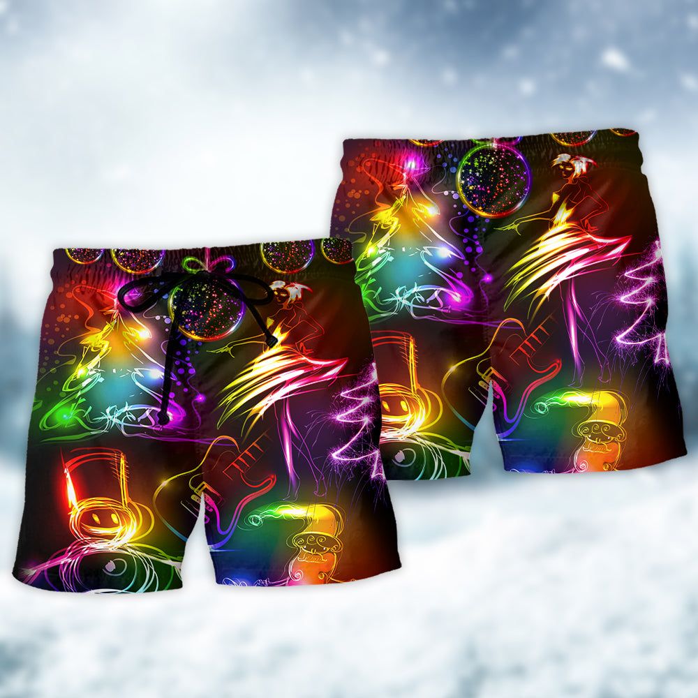 Christmas Dancing Santa Claus Tree Snowman Neon Light Style Trendy Aloha Hawaiian Beach Shorts