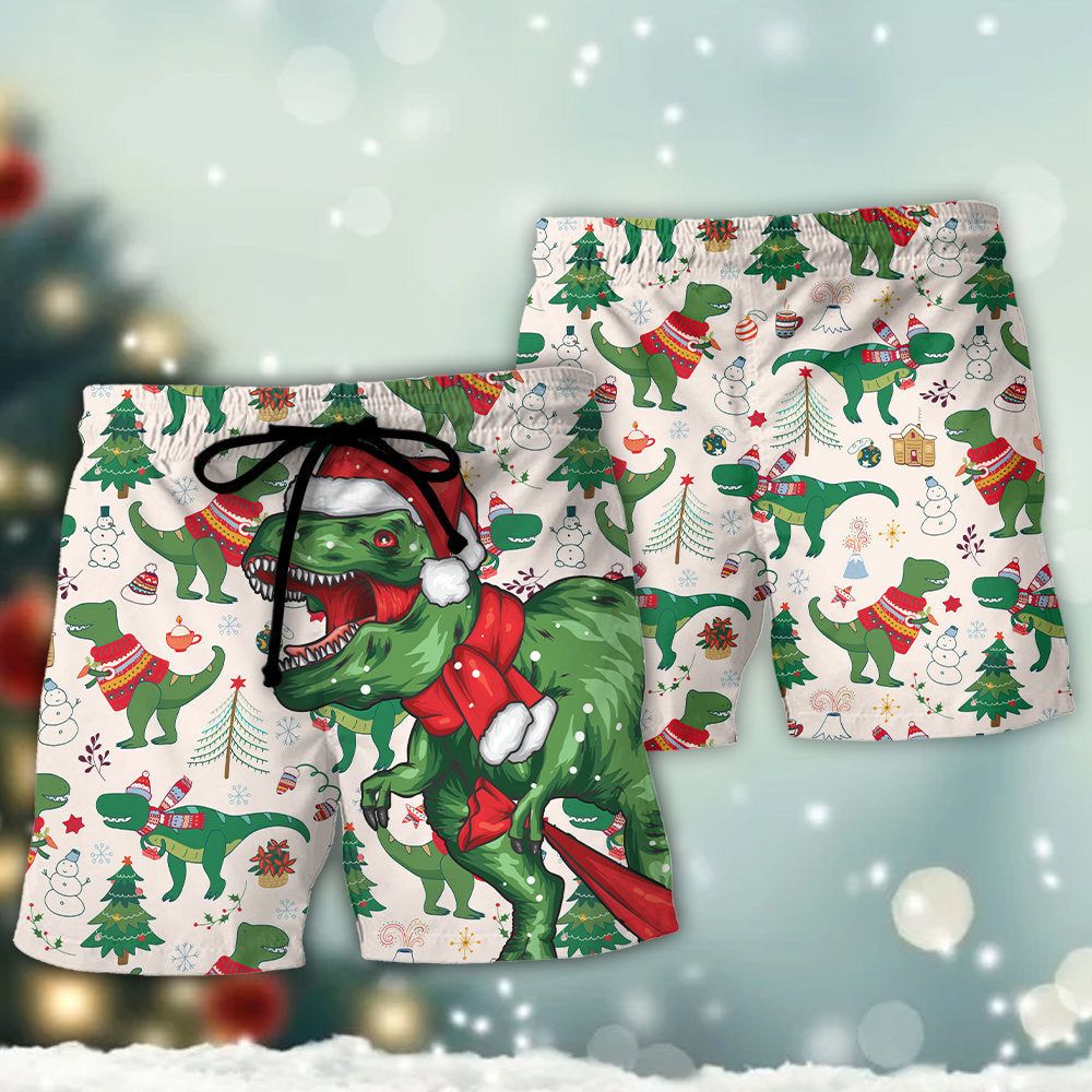 Christmas Dinosaurs Xmas Tree T-Rex Merry Rexmas Trendy Aloha Hawaiian Beach Shorts