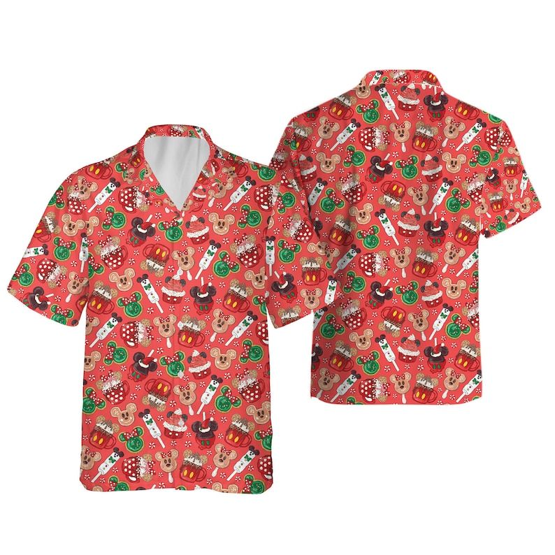 Christmas Disneyland Snacks Hawaiian Shirts Mickey Friends Disneyworld Button Aloha