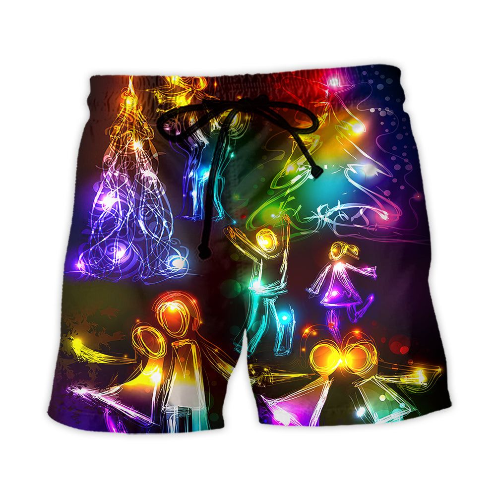 Christmas Family Happy Love Tree Neon Light Style Trendy Aloha Hawaiian Beach Shorts Christmas Family Happy Love Tree Neon Light Style Trendy Aloha Hawaiian Beach Shorts