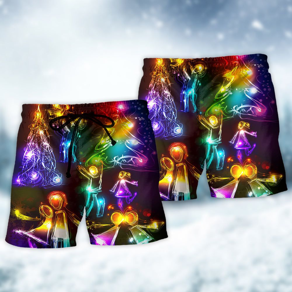 Christmas Family Happy Love Tree Neon Light Style Trendy Aloha Hawaiian Beach Shorts