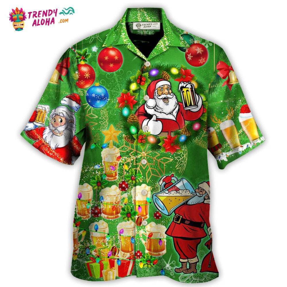 Christmas Funny Santa Claus Drinking Beer Happy Christmas Tree Green Light Hawaiian Shirt – Trendy Aloha