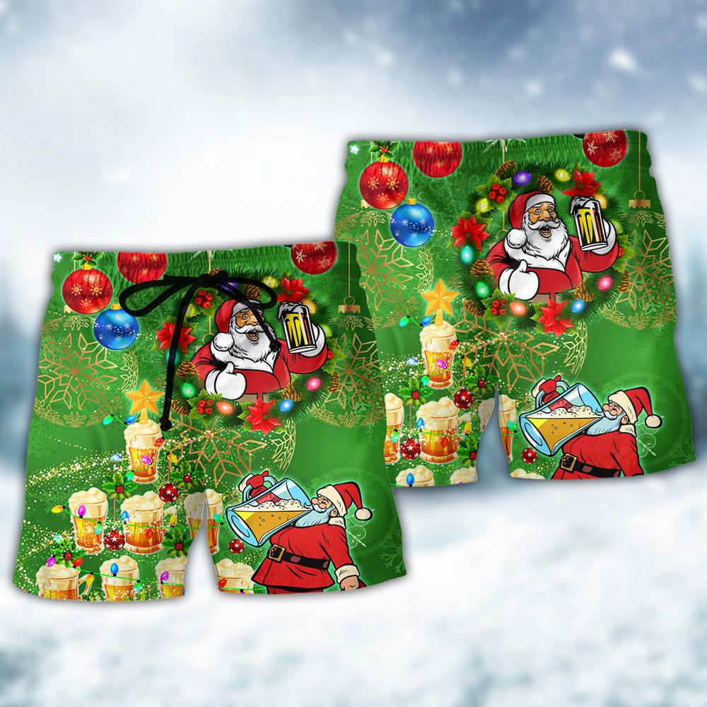 Christmas Funny Santa Claus Drinking Beer Happy Christmas Tree Green Light Trendy Aloha Hawaiian Beach Shorts