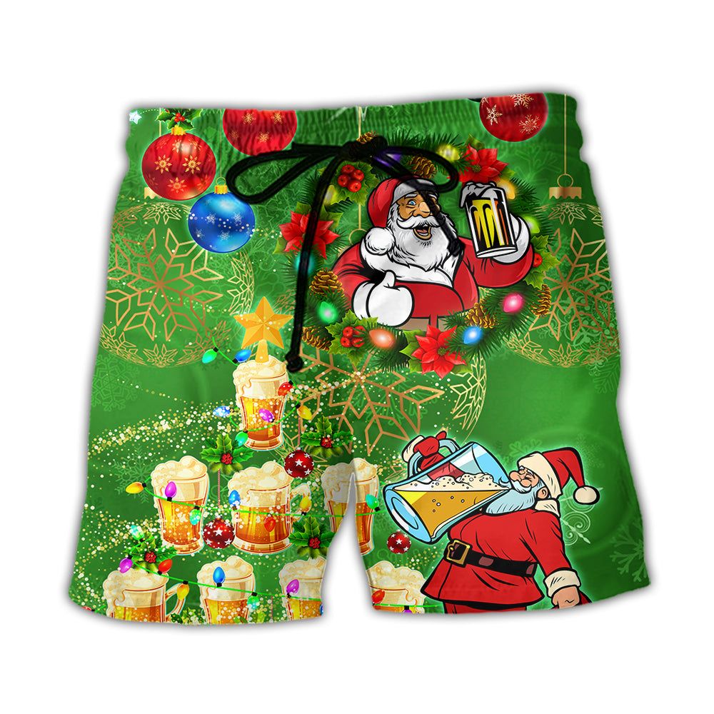 Christmas Funny Santa Claus Drinking Beer Happy Christmas Tree Green Light Trendy Aloha Hawaiian Beach Shorts