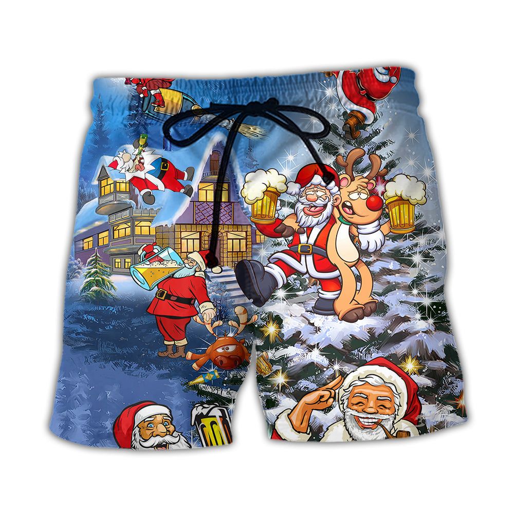 Christmas Funny Santa Claus Drinking Beer Troll Xmas Trendy Aloha Hawaiian Beach Shorts