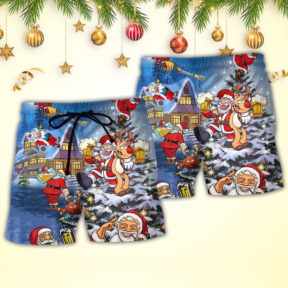 Christmas Funny Santa Claus Drinking Beer Troll Xmas Trendy Aloha Hawaiian Beach Shorts