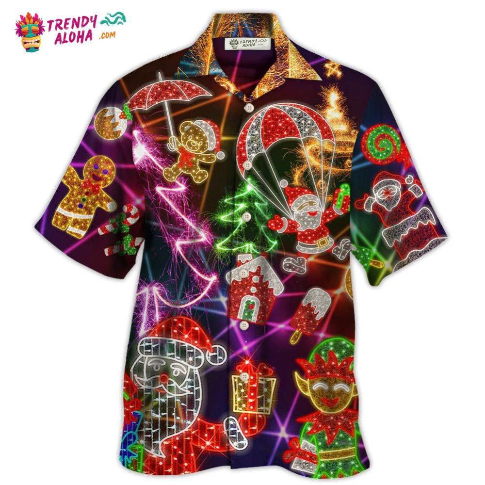 Christmas Funny Santa Claus Tree Elf Gingerbread Neon Light Style Hawaiian Shirt – Trendy Aloha