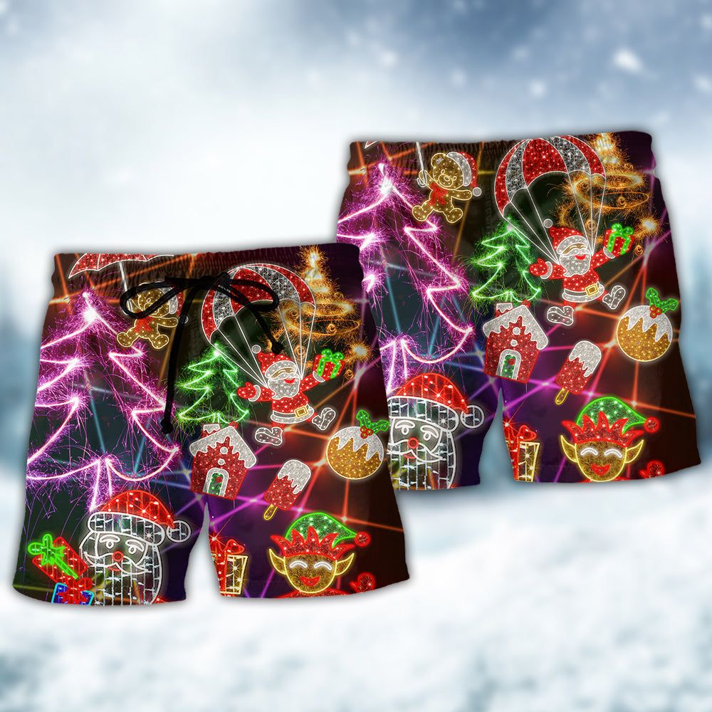Christmas Funny Santa Claus Tree Elf Gingerbread Neon Light Style Trendy Aloha Hawaiian Beach Shorts