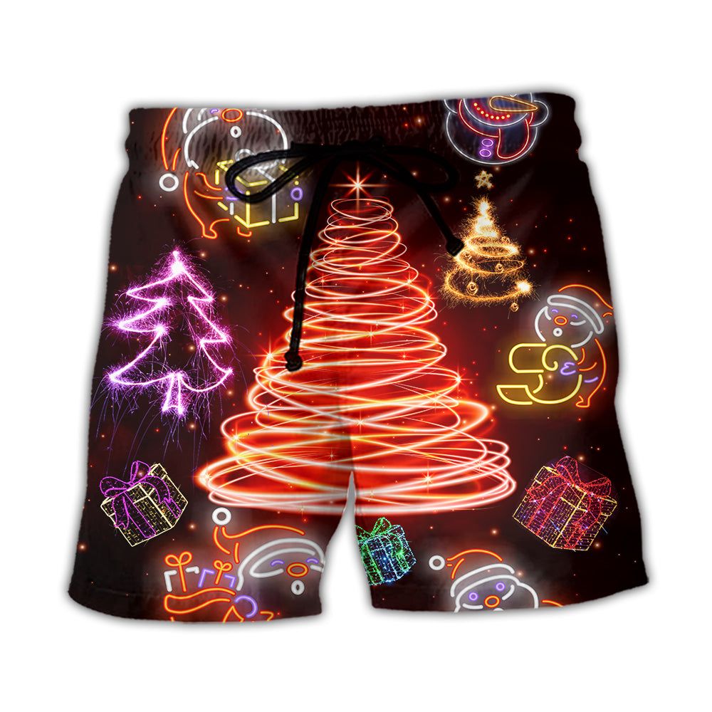 Christmas Funny Santa Claus Tree Red Neon Light Style Trendy Aloha Hawaiian Beach Shorts Christmas Funny Santa Claus Tree Red Neon Light Style Trendy Aloha Hawaiian Beach Shorts
