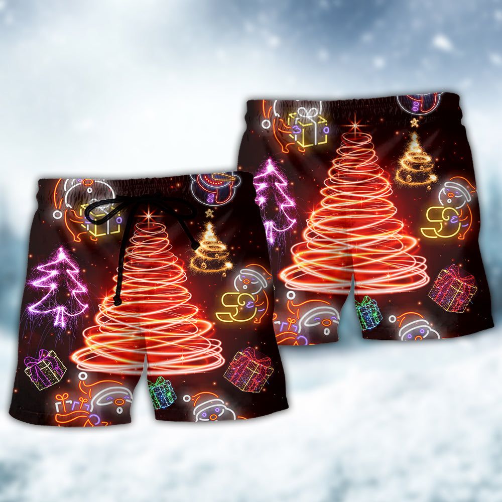 Christmas Funny Santa Claus Tree Red Neon Light Style Trendy Aloha Hawaiian Beach Shorts