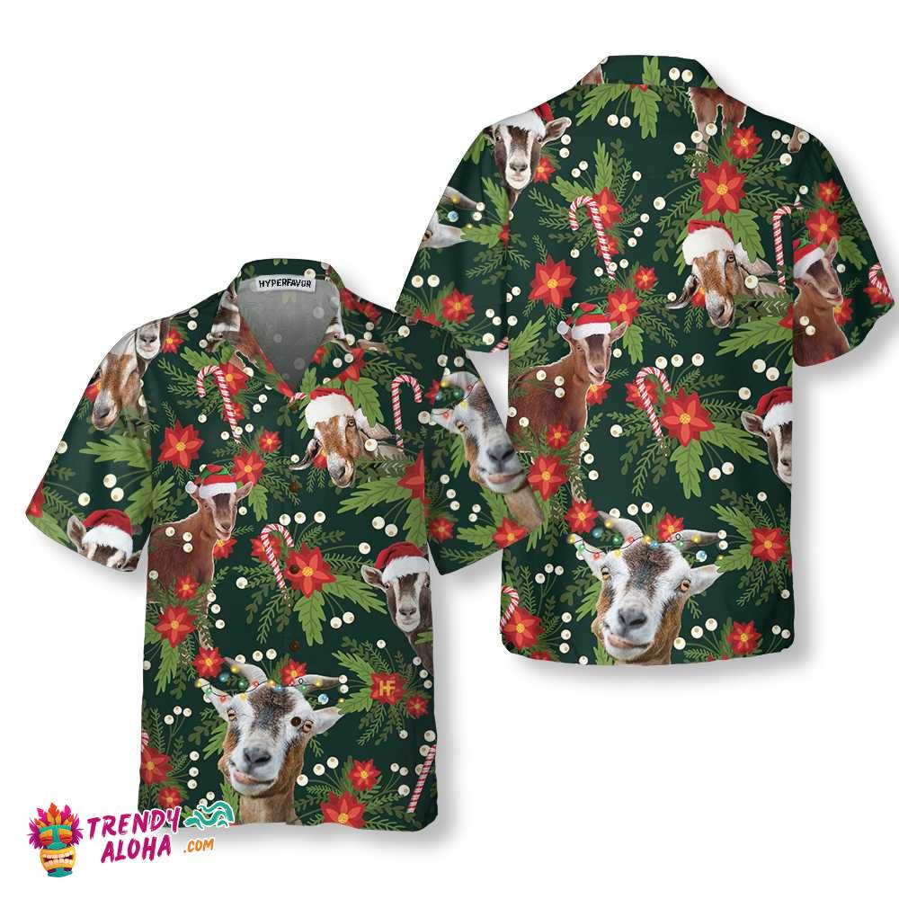 Christmas Goat With Poinsettia Flower Hawaiian Shirt, Funny Christmas Goat Shirt